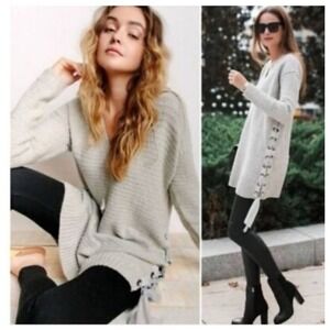 Free People Women's Gray Heart It Laces Chenille Oversized Thermal Sweater M